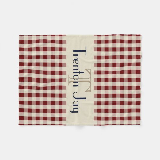 Navy Blue Maroon Check Pattern Monogram Name Boys Fleecedecke (Vorderseite (Horizontal))