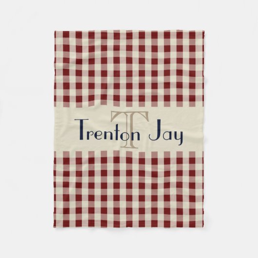Navy Blue Maroon Check Pattern Monogram Name Boys Fleecedecke (Vorderseite)