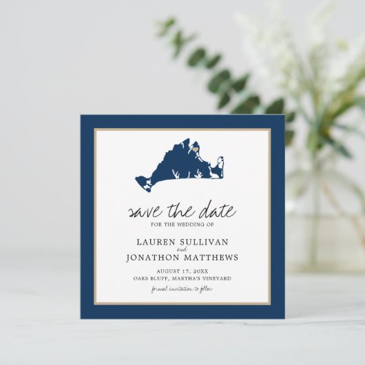 Navy Blue Martha's Vineyard Map Save the Date (Stehend Vorderseite)