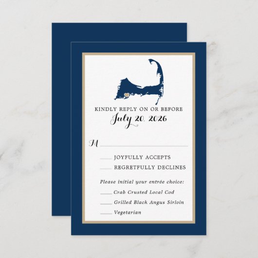 Navy Blue Mashpee Cape Cod Map Wedding RSVP Menü (Vorne/Hinten)