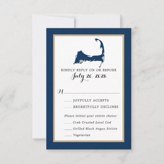 Navy Blue Mashpee Cape Cod Map Wedding RSVP Menü Karte (Vorderseite)