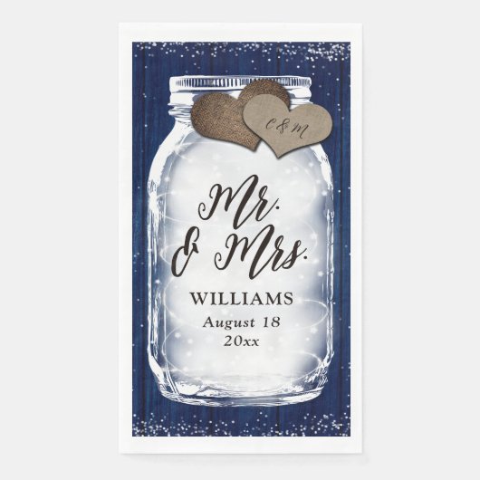 Navy Blue Mason Jar Barn Wood Mr & Mrs Wedding Serviette (Vorderseite)