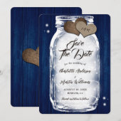 Navy Blue Mason Jar String Lights Wood Wedding Save The Date (Vorne/Hinten)