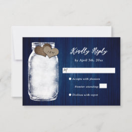 Navy Blue Mason Jar Wood Lights Wedding RSVP Card