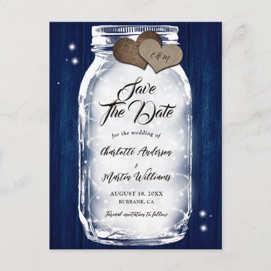 Navy Blue Mason Jar Wood String Lights Hochzeit Ankündigungspostkarte (Vorderseite)