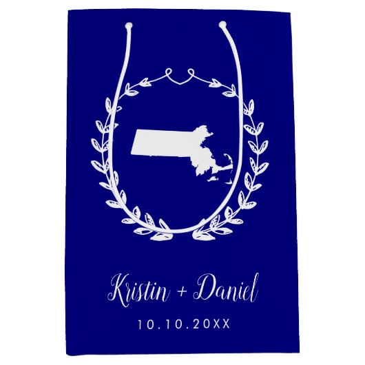 Navy Blue Massachusetts Map Wedding Welcome Swag Mittlere Geschenktüte (Vorderseite)