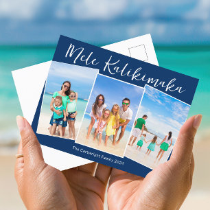Navy Blue Mele Kalikimaka 3 Familienfoto Weihnacht Feiertagspostkarte