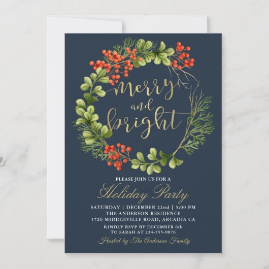 Navy Blue Merry Bright Holly Berries Holiday Party Einladung (Vorderseite)