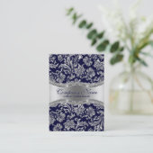 Navy Blue & Metallic Silver Vintag Damasks Visitenkarte (Stehend Vorderseite)