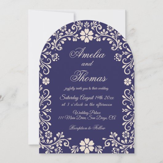 Navy Blue Mexican Floral Wedding Invitation Einladung (Vorderseite)