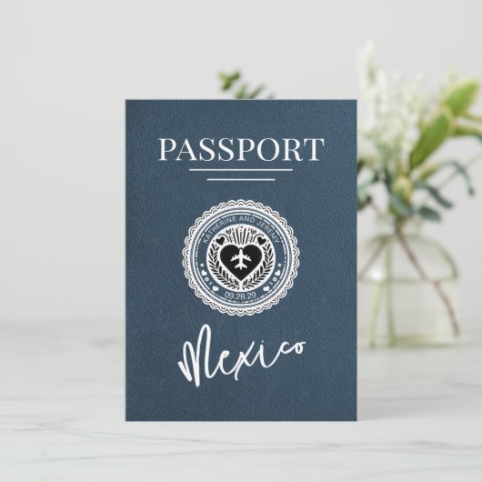 Navy Blue Mexico Passport Save the Date (Stehend Vorderseite)