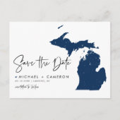 Navy Blue Michigan Map QR Code Save the Date Ankündigungspostkarte (Vorderseite)