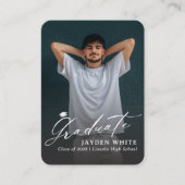 Navy Blue Mini Modern Script Photo Graduation Begleitkarte (Vorderseite)