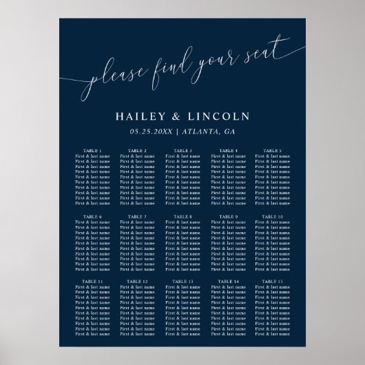 Navy Blue Minimal Wedding Seating Chart Poster (Vorne)
