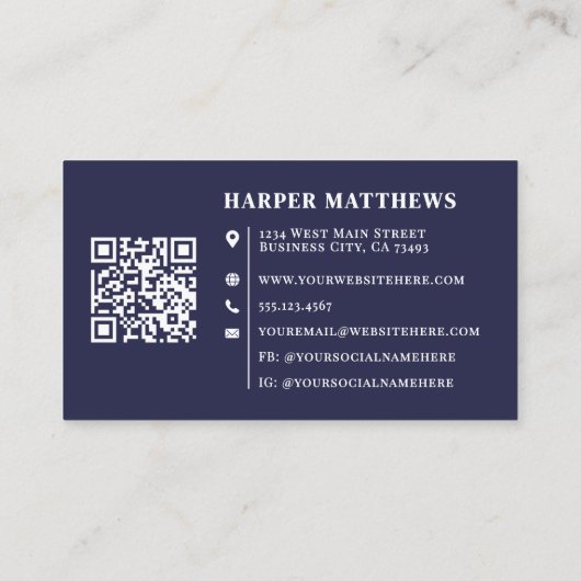 Navy Blue Minimalist Professional Logo QR Code Visitenkarte (Rückseite)