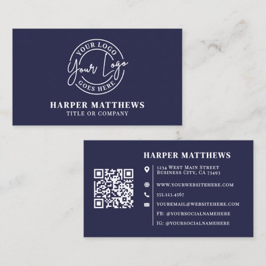 Navy Blue Minimalist Professional Logo QR Code Visitenkarte (Vorne/Hinten)