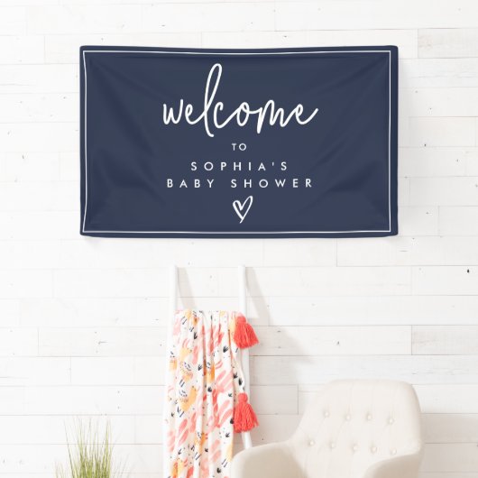 Navy Blue Minimalistisch Boho Baby Dusche Willkomm Banner (Insitu)