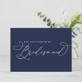 Navy Blue Minimalistisch Bridesmaid Vorschlagskart Einladung (Stehend Vorderseite)