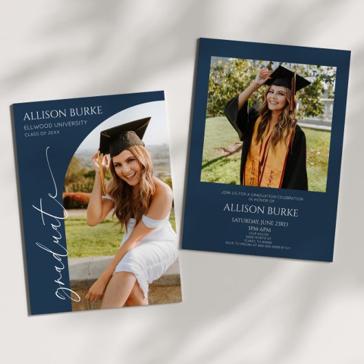 Navy Blue Minimalistisch Foto Arch Graduation Part Einladung