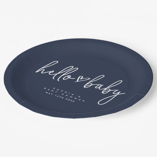 Navy Blue Minimalistisch Modern Boho Baby Dusche Pappteller (Schrägansicht)