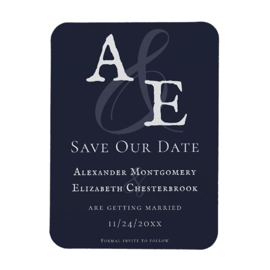Navy Blue Minimalistisch Monogram Save the Date Magnet (Vertikal)