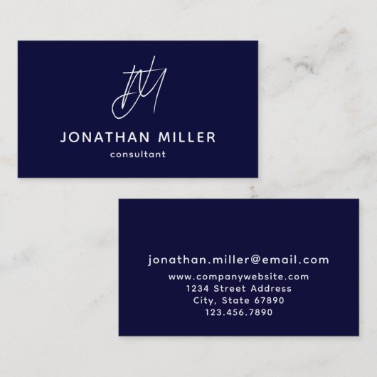 Navy Blue Minimalistisch Monogram Visitenkarte (Vorne/Hinten)
