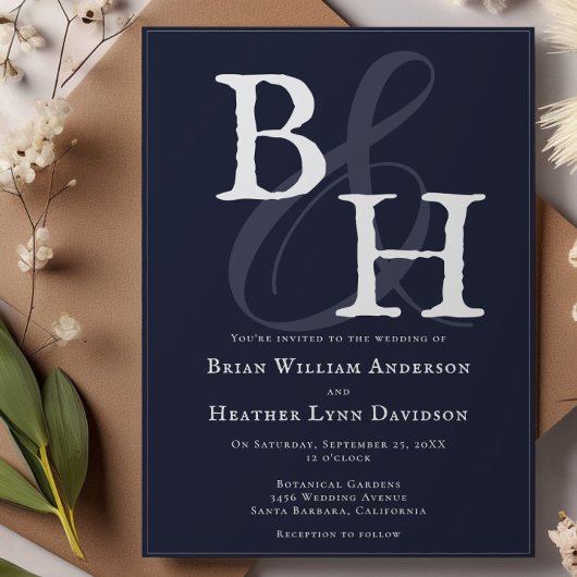 Navy Blue Minimalistisch Monogram Wedding Einladung
