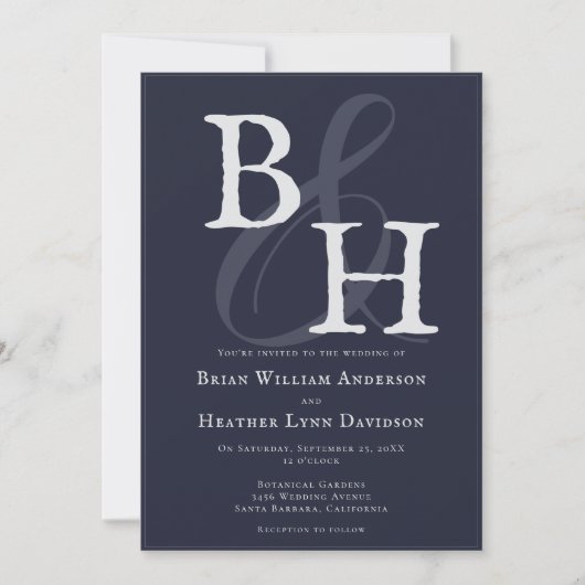 Navy Blue Minimalistisch Monogram Wedding Einladung (Vorderseite)