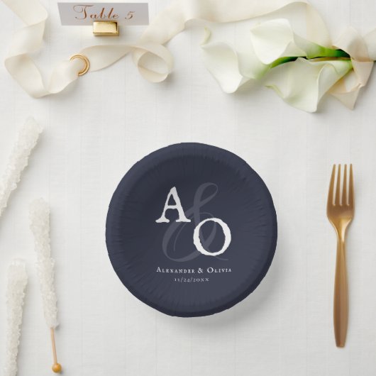 Navy Blue Minimalistisch Monogram Wedding Pappteller (Hochzeit)