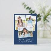 Navy Blue Minimalistisch Script Multi Foto Abschlu Postkarte (Stehend Vorderseite)