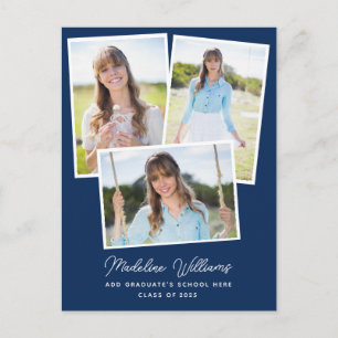 Navy Blue Minimalistisch Script Multi Foto Abschlu Postkarte
