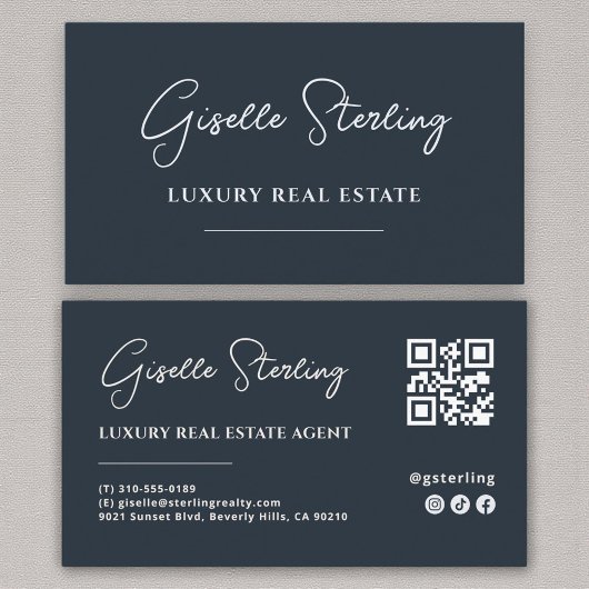 Navy Blue Minimalistisch Script QR Code Visitenkarte