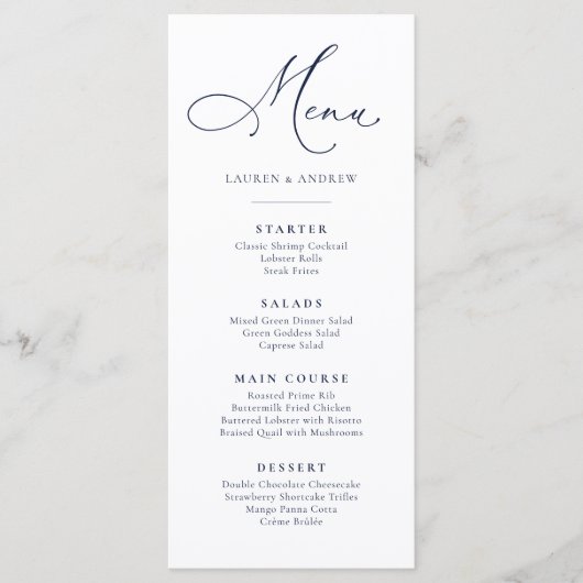 Navy Blue Minimalistisch Simple Flat Menu Menükarte (Vorderseite)