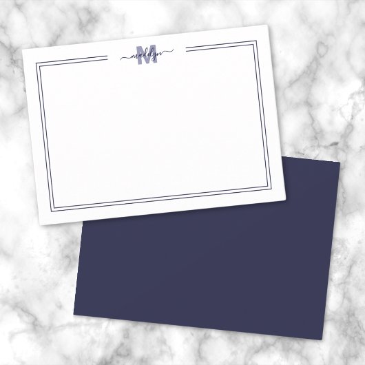 Navy Blue Minimalistisch Two Border Monogram Mitteilungskarte