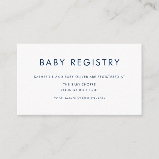 Navy Blue Minimalistisch Typografy Baby Registry Begleitkarte (Vorderseite)