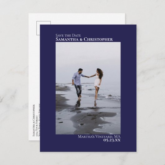Navy Blue Minimalistisch Wedding Foto Save the Dat Ankündigungspostkarte (Vorne/Hinten)