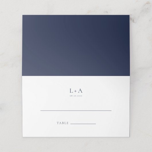 Navy Blue Minimalistisch Wedding Platzkarte (Außenseite Aufgefaltet)
