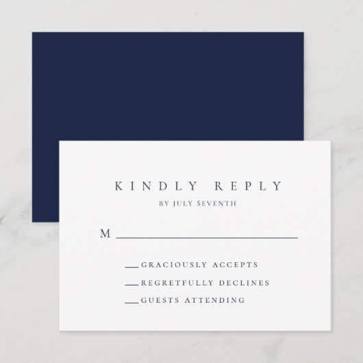 Navy Blue Minimalistisch Wedding RSVP Card Karte (Vorne/Hinten)