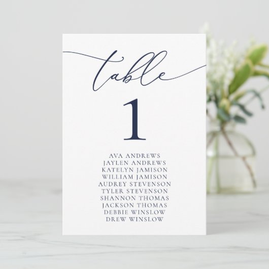 Navy Blue Minimalistisch Wedding Seating Tischnumm Einladung (Stehend Vorderseite)