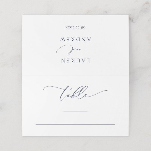 Navy Blue Minimalistisch Wedding Tischnummer Platzkarte (Außenseite Aufgefaltet)