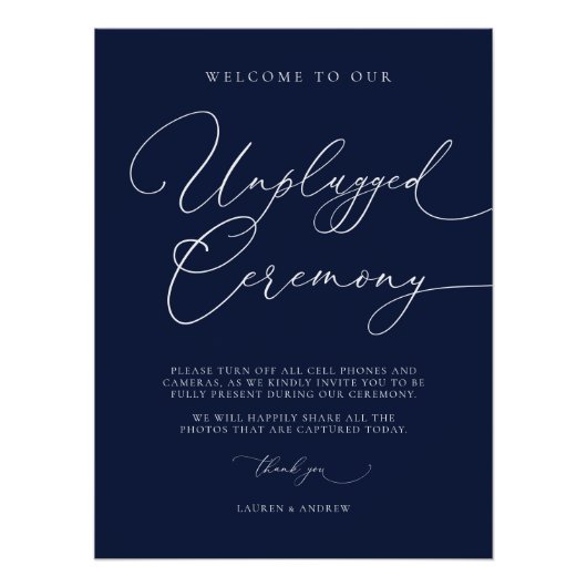 Navy Blue Minimalistisch Wedding Unplugged Zeremon Poster (Vorderseite)