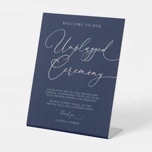 Navy Blue Minimalistisch Wedding Unplugged Zeremon Sockelschild (Vorderseite)