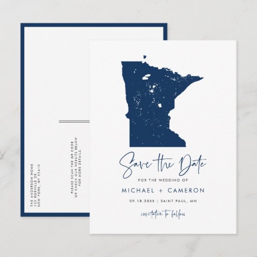 Navy Blue Minnesota Karte QR-Code Save the Date (Vorne/Hinten)