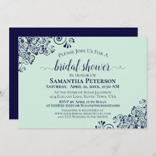Navy Blue & Mint Green Elegantes Spitzen-Brautpart Einladung