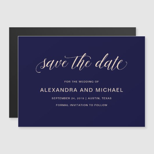 Navy Blue mit Blush Typografie | SAVE THE DATE Magneteinladung (Vorne/Hinten)
