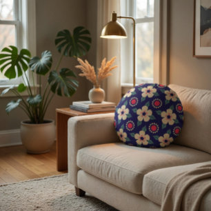 Navy Blue mit Creme-Blume Rundes Kissen