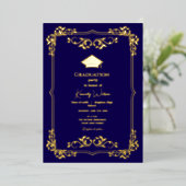 Navy Blue mit Gold Verziert Frame Abschluss Folieneinladung (Stehend vorne)