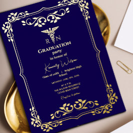 Navy Blue mit Gold Verziert Frame Abschluss Folieneinladung