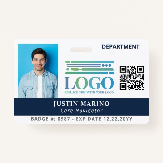 Navy Blue mit Logo Foto QR Code Mitarbeiter ID Ausweis (Vorderseite)