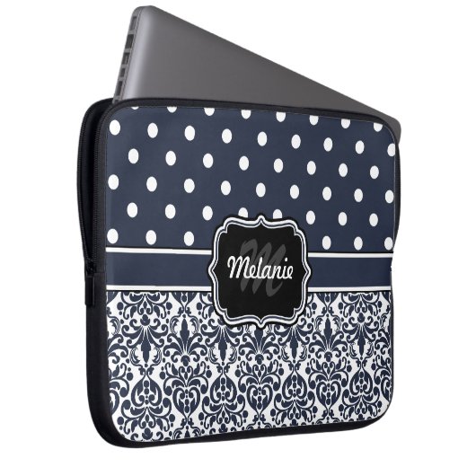Navy Blue Mit Monogramm Damask Polka Dot Laptopschutzhülle (Vorne Rechts)